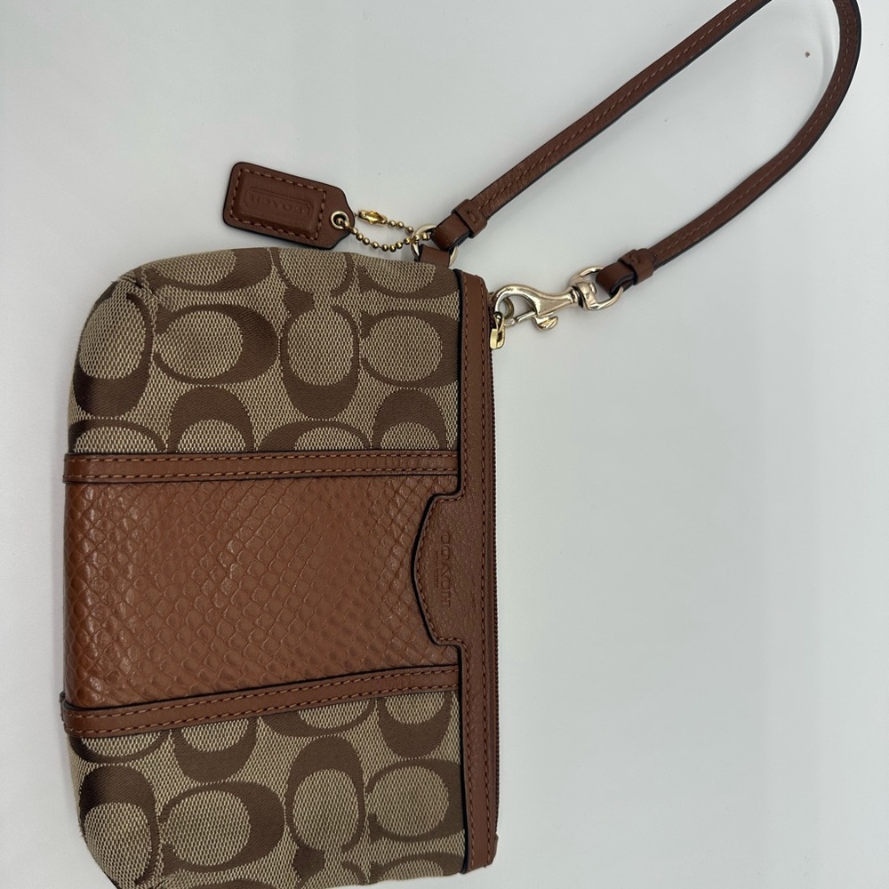 Coach Brown Signature Canvas and Leather Wristlet with Gold Hardware